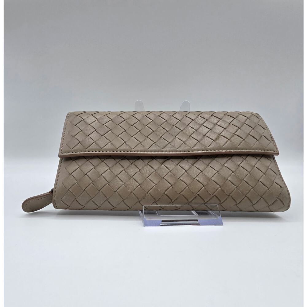 Bottega Veneta Intrecciato Leather Continental Wallet Beige Zip Flap Italy Auth